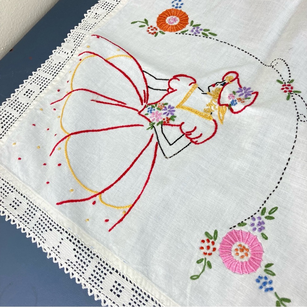 Vintage Hand Embroidered Linen & Lace Tablecloth Crinoline Ladies in Hoop Skirts